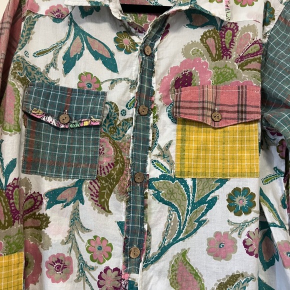 Blue Velvet Patchwork Floral Plaid Button Down Shirt Womens Size M - Picture 3 of 5